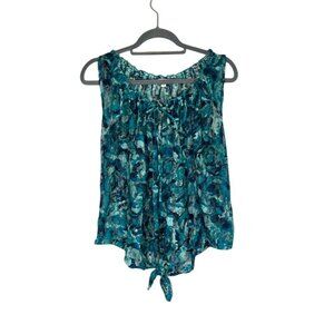 Colorful Floral Sheer Mesh Top Blue XL Festival Summer Y2K Mod Retro Preppy Chic